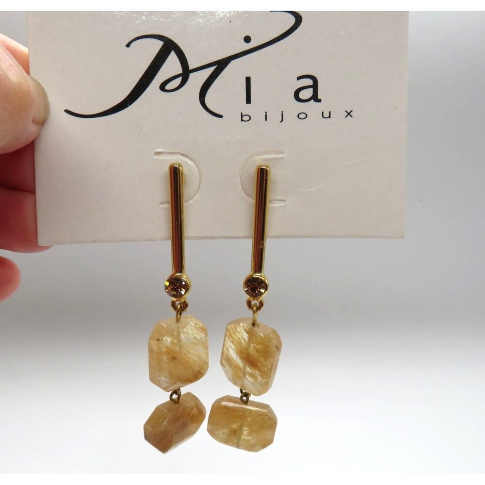 Mia‎ Bijoux Earring Citrine Stone Amber Crystals Gold Tone Dangle Earrings New